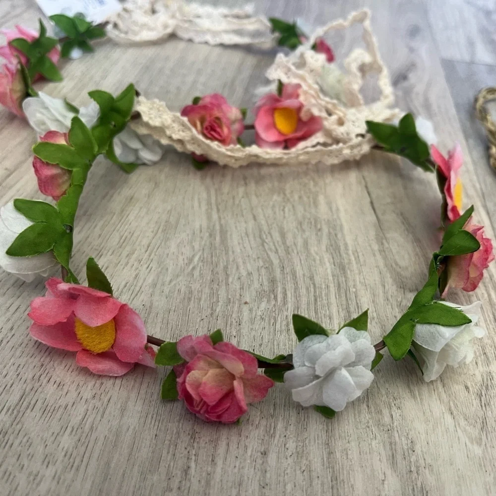 NWT Claire’s Dainty Floral Headband Crowns with Flowers and lace ribbon closure